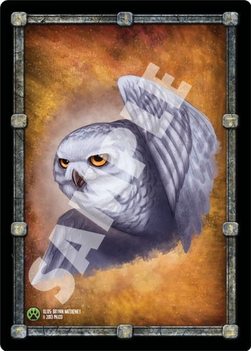Pathfinder Cards: Animal Allies Face Cards sample card shows a light gray owl with one wing raised slightly.