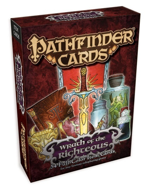 Pathfinder Cards: Wrath of the Righteous Item Cards product image has a cover image of several treasures, including a sword, a few potions, a book, a gold symbol, and more.