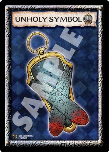 Pathfinder Cards: Wrath of the Righteous Item Cards sample card has a title of “Unholy Symbol” and shows a creepy medallion that looks like crossed bloody insect wings.