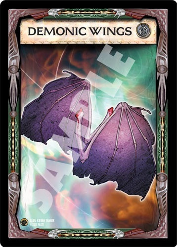 Pathfinder Cards: Wrath of the Righteous Item Cards sample card has a title of “Demonic Wings” and shows a pair of spooky purple bat-like demon wings.