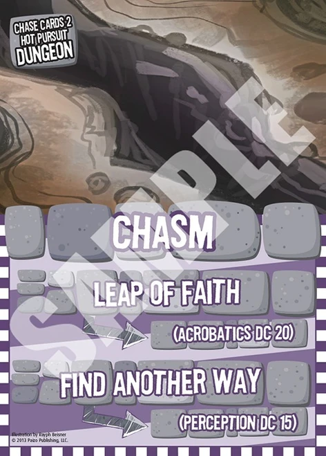 Pathfinder Cards: Chase Cards 2: Hot Pursuit! sample card has a title saying, “Chasm” with an image of a wide crack in stony ground; the options listed below include “Leap of faith” and “Find another way.”