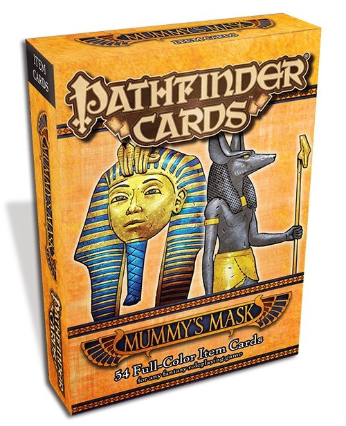 Pathfinder Cards: Mummy’s Mask Item Cards Deck product image has a cover image showing a pharaoh’s funeral headdress and a statue of a jackal-headed man.