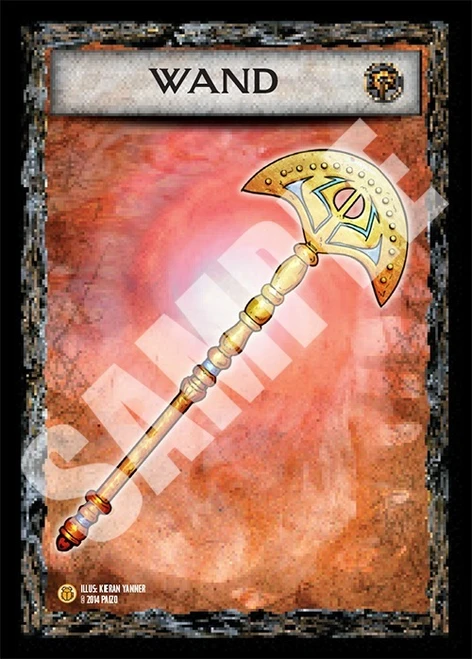 Pathfinder Cards: Mummy’s Mask Item Cards Deck sample card has a title of “Wand” and shows a golden wand with a spade-like tip.