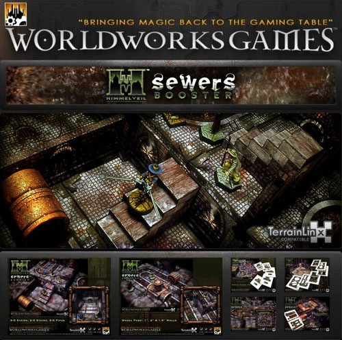 Himmelveil Sewers Booster PDF from Worldworks Games features terrain tiles and miniatures, including a terrain box, designed for tabletop gaming, with a modern, earth-toned color scheme.