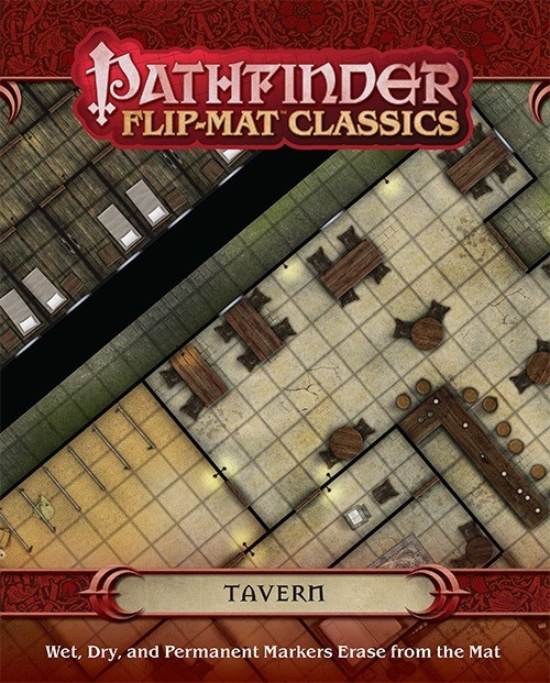 Pathfinder Flip-Mat Classics: Tavern PDF product image shows a section of a cozy looking tavern with an attached stable; wet, dry, and permanent markers erase from the mat.