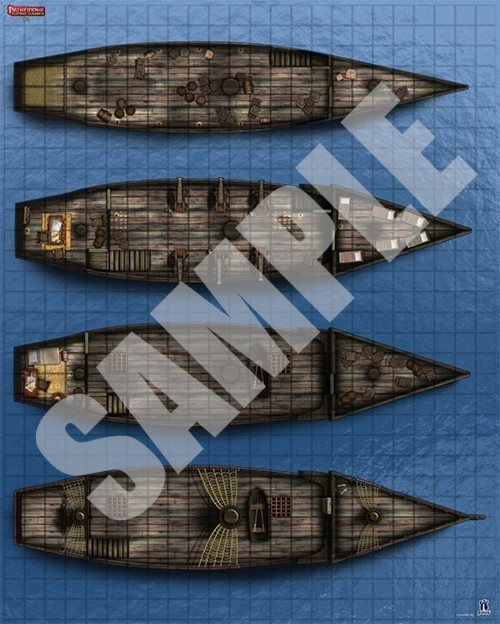 Pathfinder Flip-Mat Classics: Ship PDF sample image shows a map of four decks of a wooden sailing ship with a watery background.