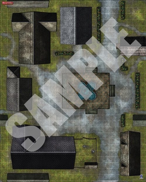 Pathfinder Flip-Mat Classics: Village Square PDF sample image shows a map of a small village of shingled buildings around a cobblestone marketplace featuring a public fountain.