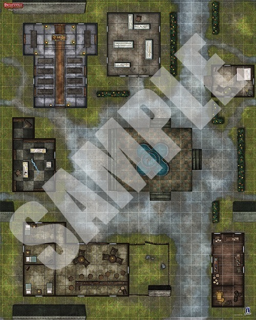 Pathfinder Flip-Mat Classics: Village Square PDF sample image shows the interiors of several buildings around a cobblestone marketplace featuring a public fountain