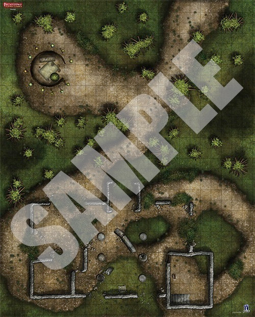 Pathfinder Flip-Mat Classics: Swamp PDF sample depicts a swamp with ruins and a magic hut.