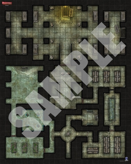 Pathfinder Flip-Mat Classics: Dungeon sample depicts a gridded map of an intricate underground dungeon with statues and tombs.  