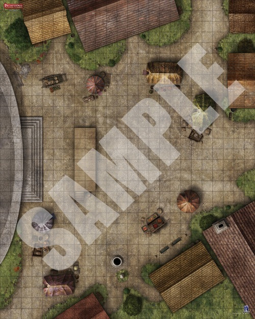 Pathfinder Flip-Mat Classics: Town Square PDF sample  depicts an open town square with tents, tiled buildings, and steps leading to the edge of a larger building.