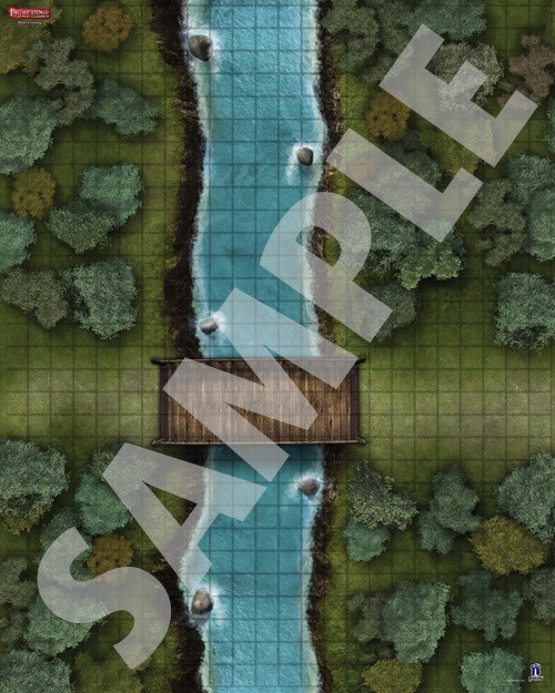 Pathfinder Flip-Mat Classics: River Crossing sample image shows a map of a straight path through the woods; a river runs perpendicular to the path, and where they meet, a wooden bridge crosses the river.