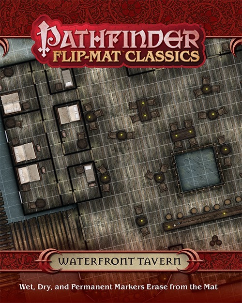 Pathfinder Flip-Mat Classics: Waterfront Tavern product image shows a section of a map depicting a rustic tavern built over the open water on a boardwalk; wet, dry, and permanent markers erase from the mat.