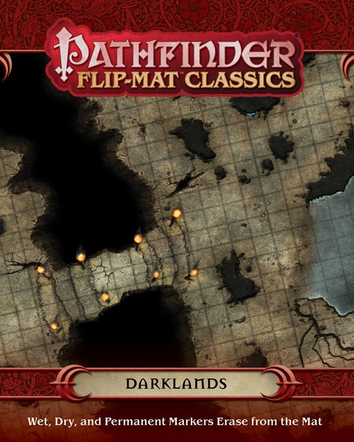 Pathfinder Flip-Mat Classics: Darklands PDF product image shows a section of a map depicting a creepy cavern with a bridge spanning a vast dark chasm; wet, dry, and permanent markers erase from the mat.