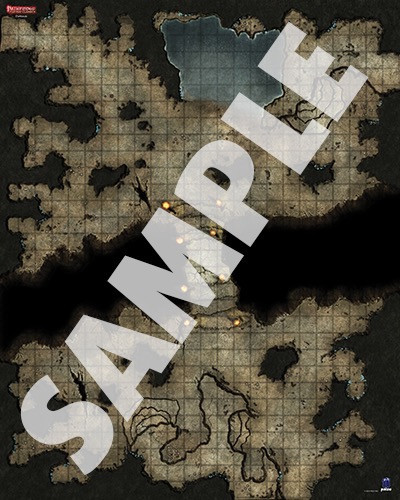 Pathfinder Flip-Mat Classics: Darklands PDF sample image shows a map of a large underground cavern bisected by a wide, dark chasm over which a stone bridge lit by flickering torches or lanterns stretches.