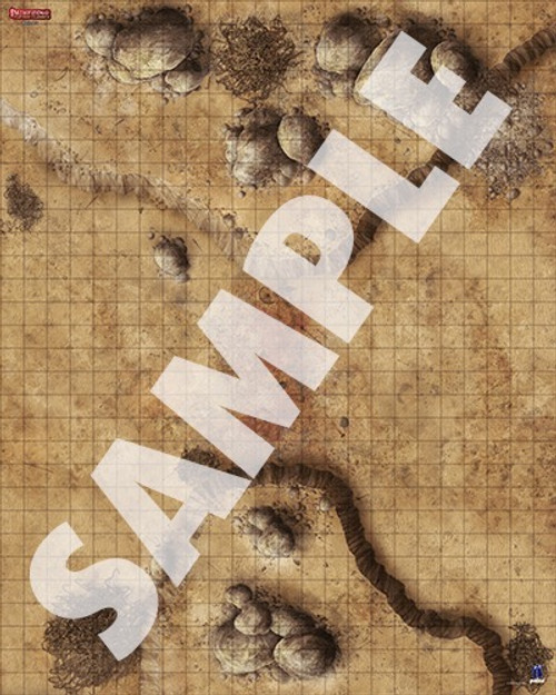 Pathfinder Flip-Mat Classics: Battlefield sample image shows a map of a rocky gulch with sandy ground that would be a great place for an ambush.