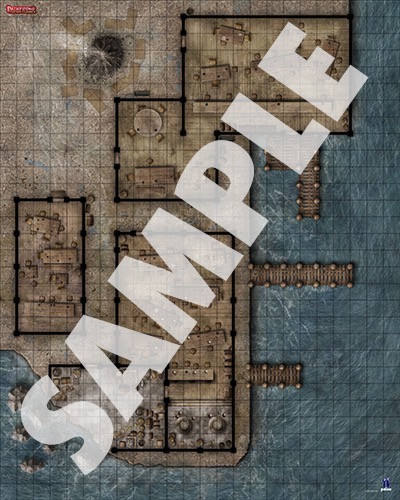 Pathfinder Flip-Mat Classics: Pub Crawl sample image shows a map of a city waterfront with a few piers extending out over the water; several different taverns stand nearby.