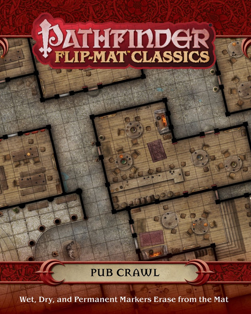Pathfinder Flip-Mat Classics: Pub Crawl PDF product image shows a section of a map depicting several different taverns separated by winding alleyways; wet, dry, and permanent markers erase from the mat.