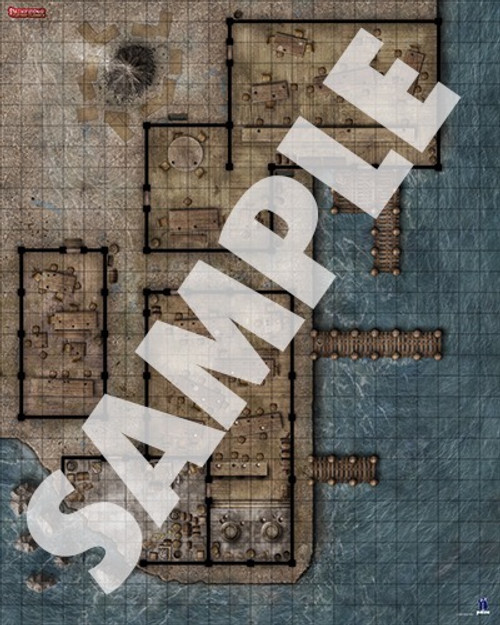 Pathfinder Flip-Mat Classics: Pub Crawl PDF sample image shows a map of a city waterfront with a few piers extending out over the water; several different taverns stand nearby.