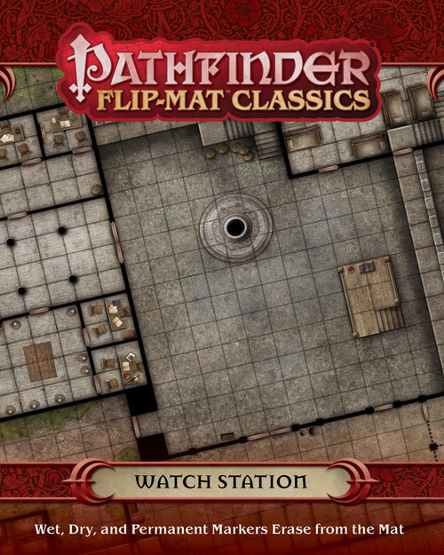 Pathfinder Flip-Mat Classics: Watch Station PDF sample image shows a map of a small, walled watch station built around two linked courtyards and featuring barracks, meeting rooms, and a mess hall.