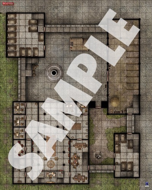 Pathfinder Flip-Mat Classics: Watch Station PDF, a 25x38 inch dungeon layout map with gray and green tones, designed by Pathfinder, featuring a versatile adventure setting, ideal for Game Masters and Pathfinder fans alike.