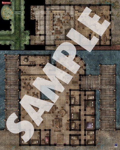 Pathfinder Flip-Mat Classics: Seedy Tavern PDF sample image shows a map of a rectangular tavern located on a boardwalk overlooking the water, with an inset section of the map showing the basement and its connection to the sewers.