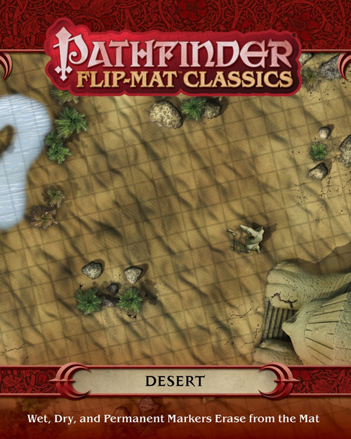 Pathfinder Flip-Mat Classics: Desert product image shows a section of a map depicting a region of sandy desert next to a small oasis; wet, dry, and permanent markers erase from the mat.