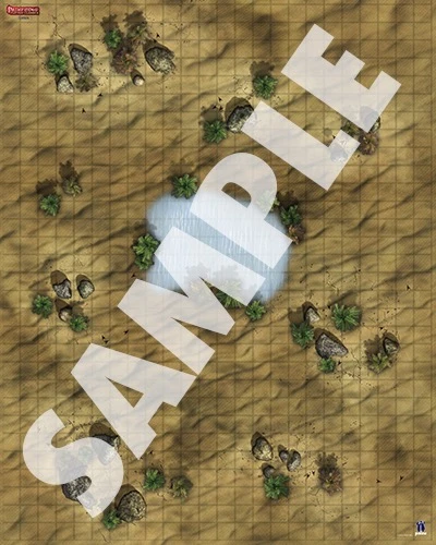 Pathfinder Flip-Mat Classics: Desert sample image shows a map of a stretch of sandy desert with a small oasis with a few trees surrounding it at the center.