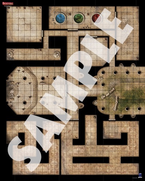 Pathfinder Flip-Mat Classics: Ancient Dungeon PDF sample image shows a map of an ancient underground dungeon complex featuring an old shrine, a small maze, and a few side rooms with intriguing and mysterious contents.