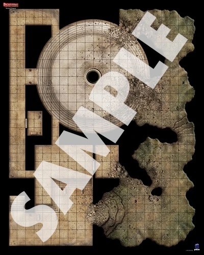 Pathfinder Flip-Mat Classics: Ancient Dungeon PDF sample image shows a map of an underground dungeon complex that’s half worked stone and half twisting caverns.