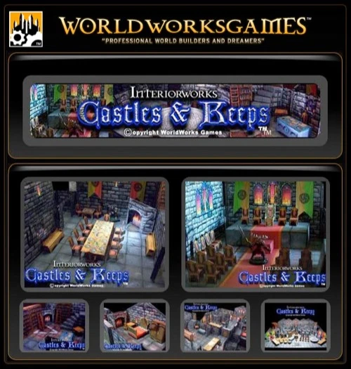 Medieval interior scenes and castle designs in a digital PDF by WorldWorksGames, featuring stone walls, wooden furniture, and decorative elements, including 18 x 24 inch interior layouts.