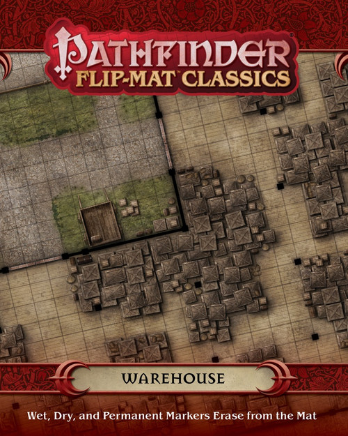 Pathfinder Flip-Mat Classics: Warehouse product image shows a section of a map depicting a large wooden warehouse with an interior filled with stacked crates; wet, dry, and permanent markers erase from the mat.