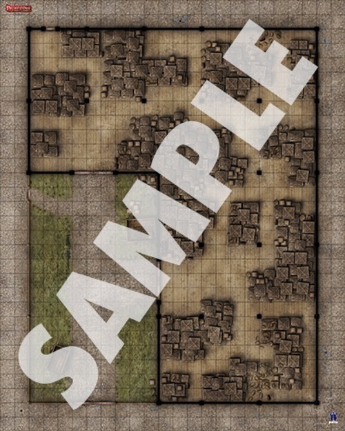 Pathfinder Flip-Mat Classics: Warehouse sample image shows a map of an L-shaped warehouse next to a walled courtyard, and an interior filled with a maze-like collection of stacked wooden crates.