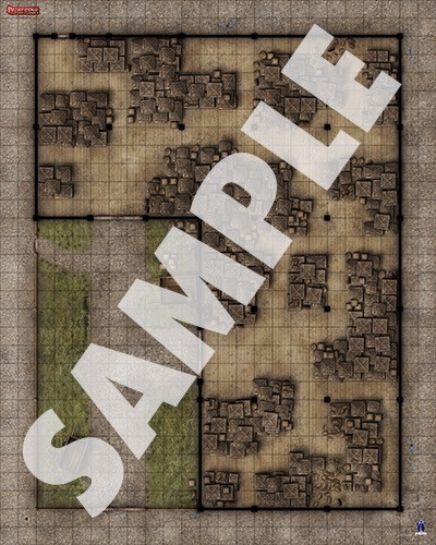 Pathfinder Flip-Mat Classics: Warehouse PDF sample image shows a map of an L-shaped warehouse next to a walled courtyard, and an interior filled with a maze-like collection of stacked wooden crates.