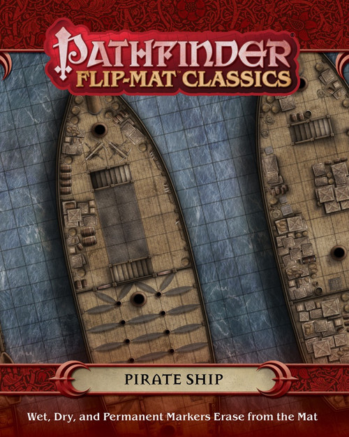 Pathfinder Flip-Mat Classics: Pirate Ship PDF product image shows a section of a map depicting two decks of ships at sea floating adjacent to each other; wet, dry, and permanent markers erase from the mat.