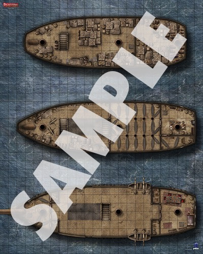 Pathfinder Flip-Mat Classics: Pirate Ship PDF sample image shows a map of a pirate ship’s three decks—the hold, the upper deck, and the crew quarters.
