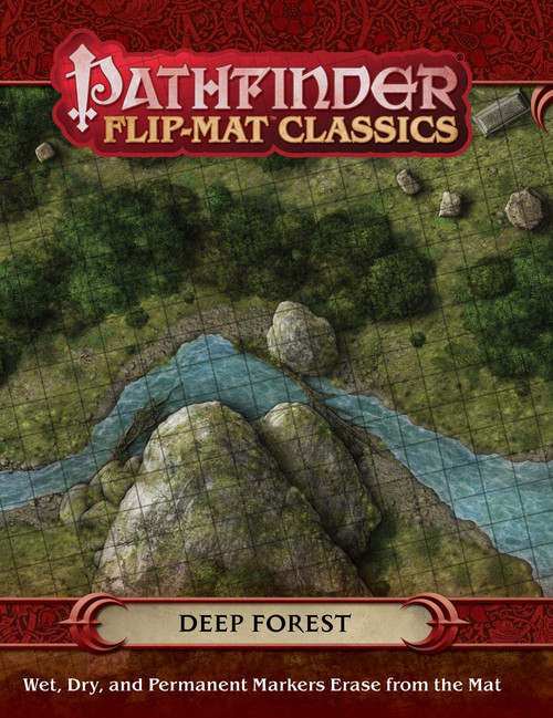Pathfinder Flip-Mat Classics: Deep Forest PDF product image shows a section of a map depicting a creek running through a forest next to a rocky precipice; wet, dry, and permanent markers erase from the mat.
