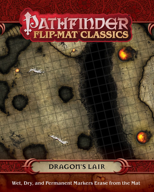 Pathfinder Flip-Mat Classics: Dragon's Lair PDF product image shows a section of a map depicting an underground lair with pillars of rock and burning cauldrons next to a chasm; wet, dry, and permanent markers erase from the mat.
