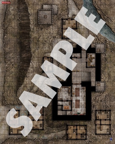 Pathfinder Flip-Mat Classics Hamlet PDF map, a 24x34 inch gray and black map on brown terrain of a hamlet with a river, ideal for tabletop gaming adventures and settings from Pathfinder.