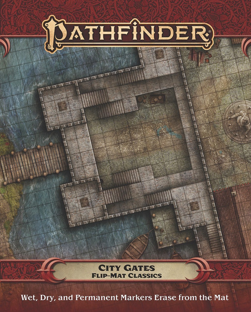 Pathfinder Flip-Mat Classics: City Gates product image shows a section of a large stone gatehouse at the edge of a city and built along a riverbank; wet, dry, and permanent markers erase from the mat.