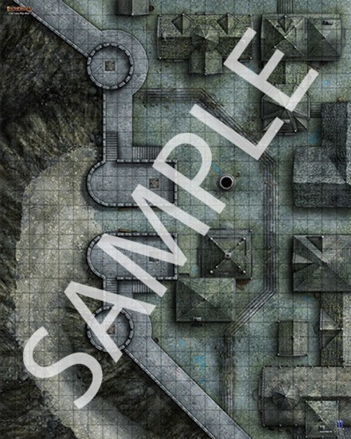 Pathfinder Flip-Mat Classics: City Gates sample image shows a map of a winding path leading up to a fortified stone gatehouse in a city wall that provides access to a gothic, grim city of dark stone rooftoped buildings.