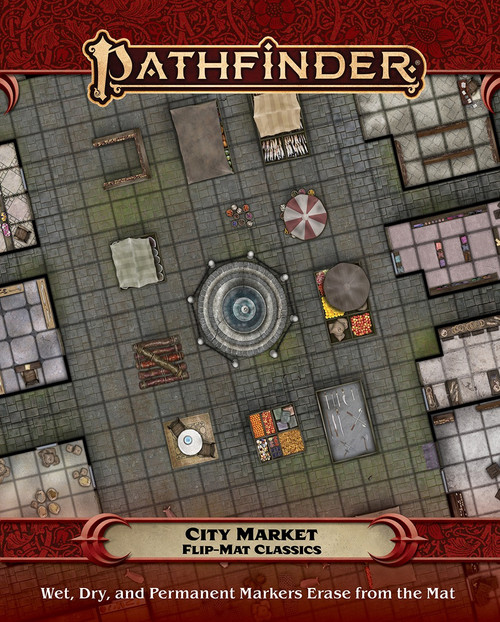 Pathfinder Flip-Mat Classics: City Market product image shows a section of a city marketplace with several booths and small buildings in a paved-stone plaza; wet, dry, and permanent markers erase from the mat.