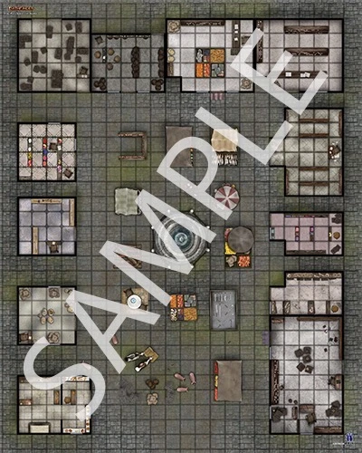 Pathfinder Flip-Mat Classics: City Market sample image shows a map of a city marketplace consisting of several small booths and tents surrounded by a larger collection of various permanent buildings, all built atop gray paving stone.
