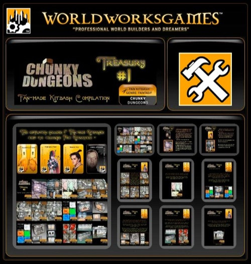 Kitbash Treasury: Chunky Dungeons 1 PDF, World Works Games, 1-page PDF resource, featuring fantasy dungeon illustrations and graphics on a black background with yellow accents.