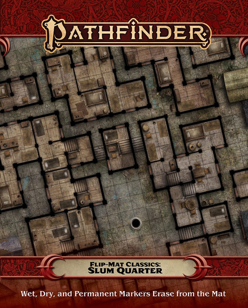 Pathfinder Flip-Mat Classics: Slum Quarter PDF Wet, Dry, and Permanent Markers Erase from the Mat cover depicts various buildings separated by tight streets 