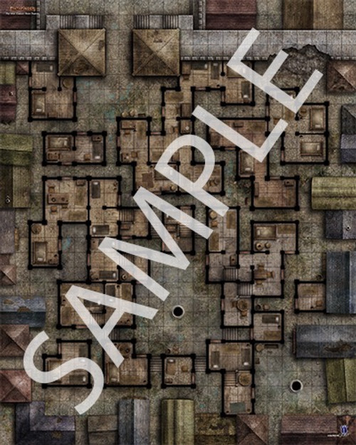 Pathfinder Flip-Mat Classics: Slum Quarter PDF sample map of buildings separated by tight streets bordering a city's walls