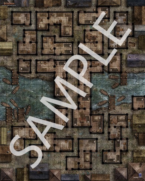 Pathfinder Flip-Mat Classics: Slum Quarter PDF sample map of buildings, separated by narrow streets, that borders both sides of a narrow body of water with docks and small boats