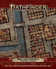 Pathfinder Flip-Mat Classics: Red Light District Wet, Dry, and Permanent Markers Erase from the Mat cover depicts a section of a city with lots of small buildings and a stream with a few narrow bridges crossing it
