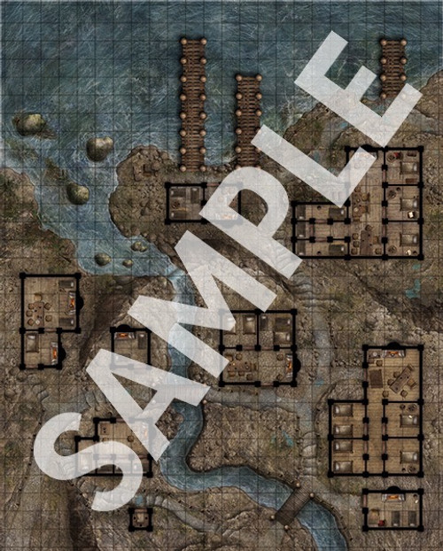 Pathfinder Flip-Mat Classics: Red Light District sample map of a riverside city that includes several small buildings and some piers for boats to dock at