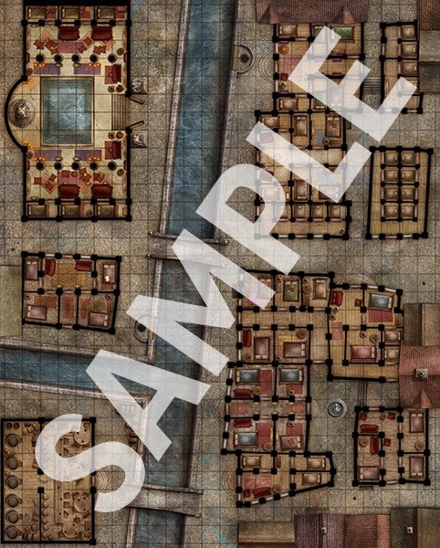 Pathfinder Flip-Mat Classics: Red Light District PDF sample map of a city section of several densely-packed buildings with many rooms within standing along the edges of a water-filled canal